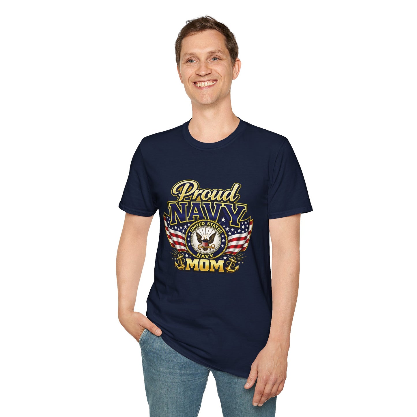 Proud Navy Mom T-Shirt — Navy Blue with U.S. Navy Emblem