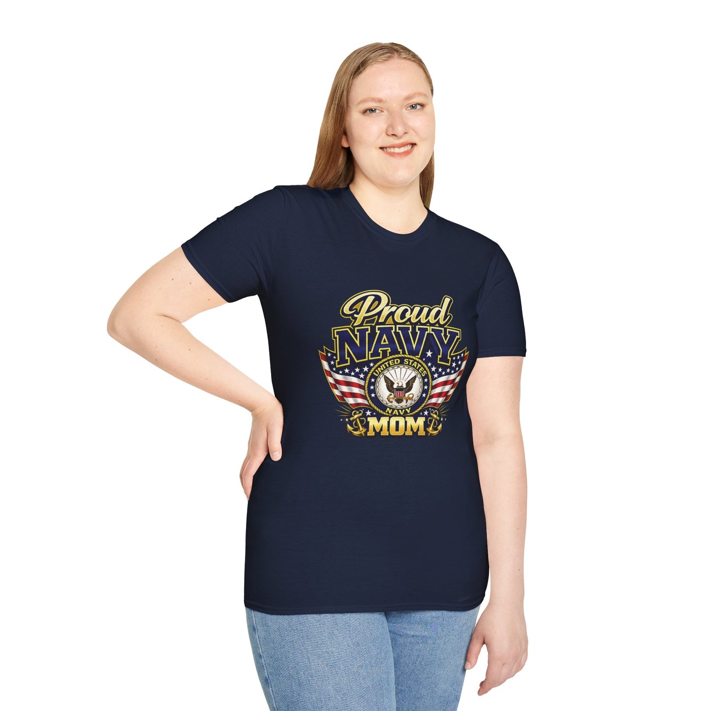 Proud Navy Mom T-Shirt — Navy Blue with U.S. Navy Emblem