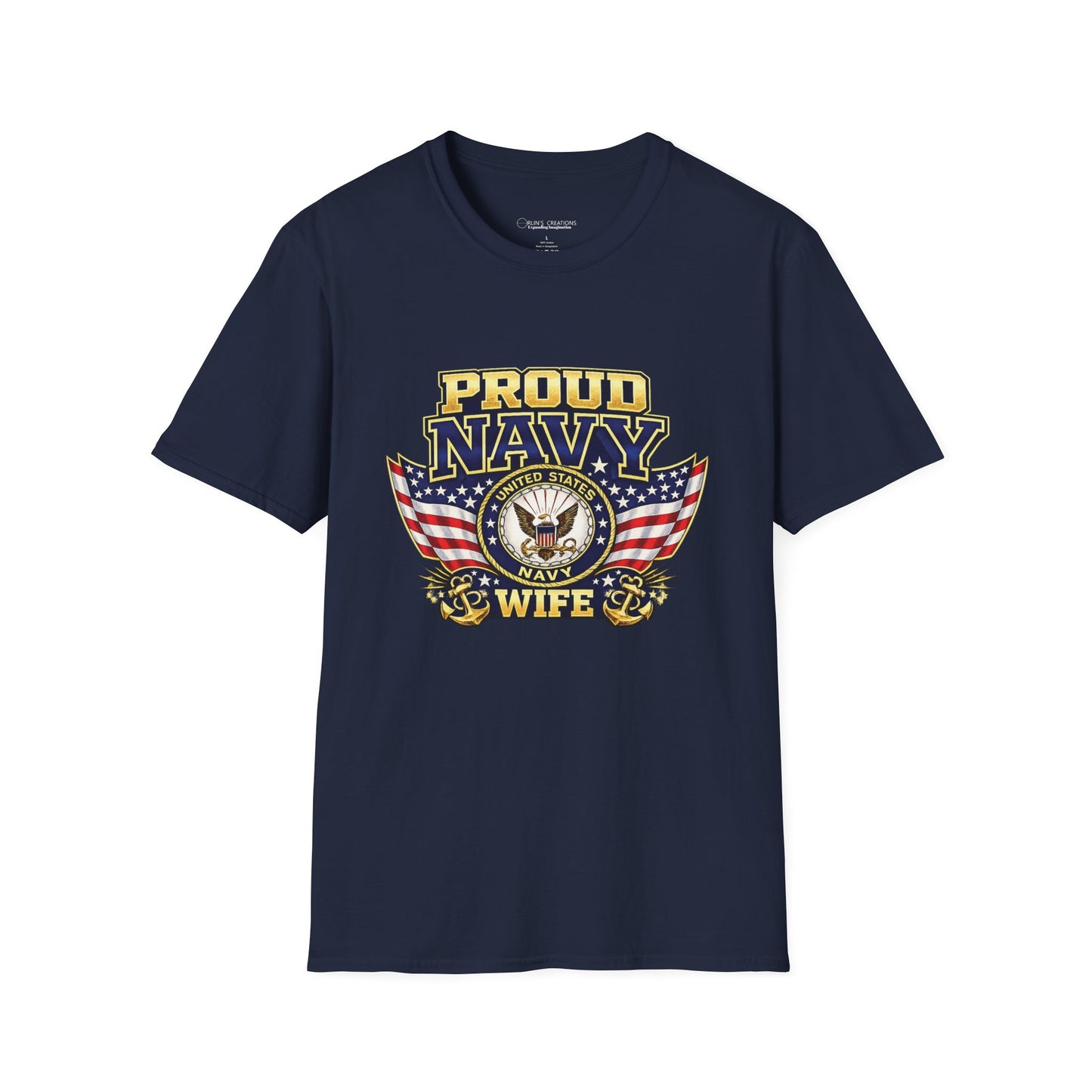 Proud Navy Wife T-Shirt — US Navy Emblem & American Flag Tee
