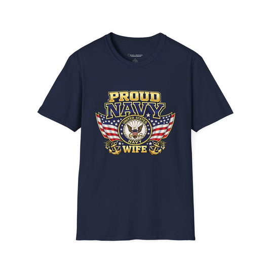 Proud Navy Wife T-Shirt — US Navy Emblem & American Flag Tee