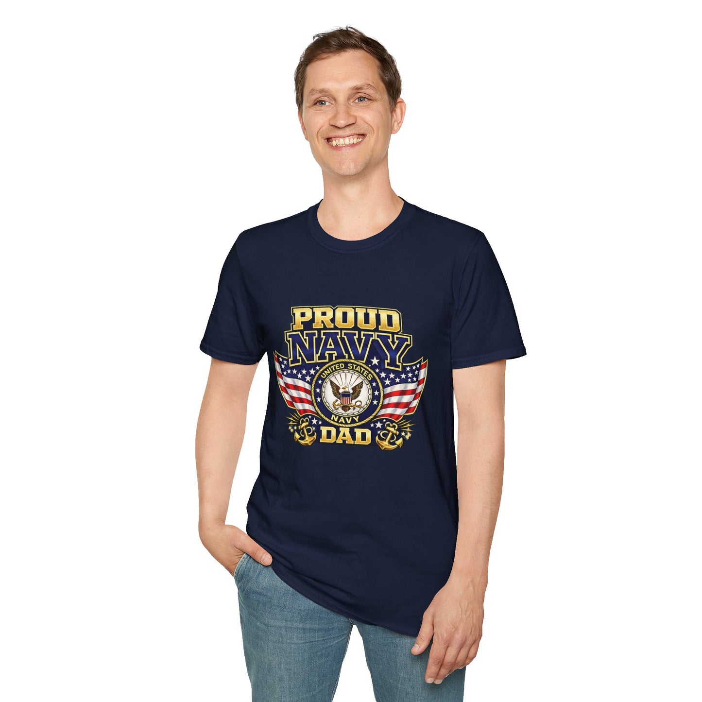 Proud Navy Dad T-Shirt — Navy Blue with U.S. Navy Emblem