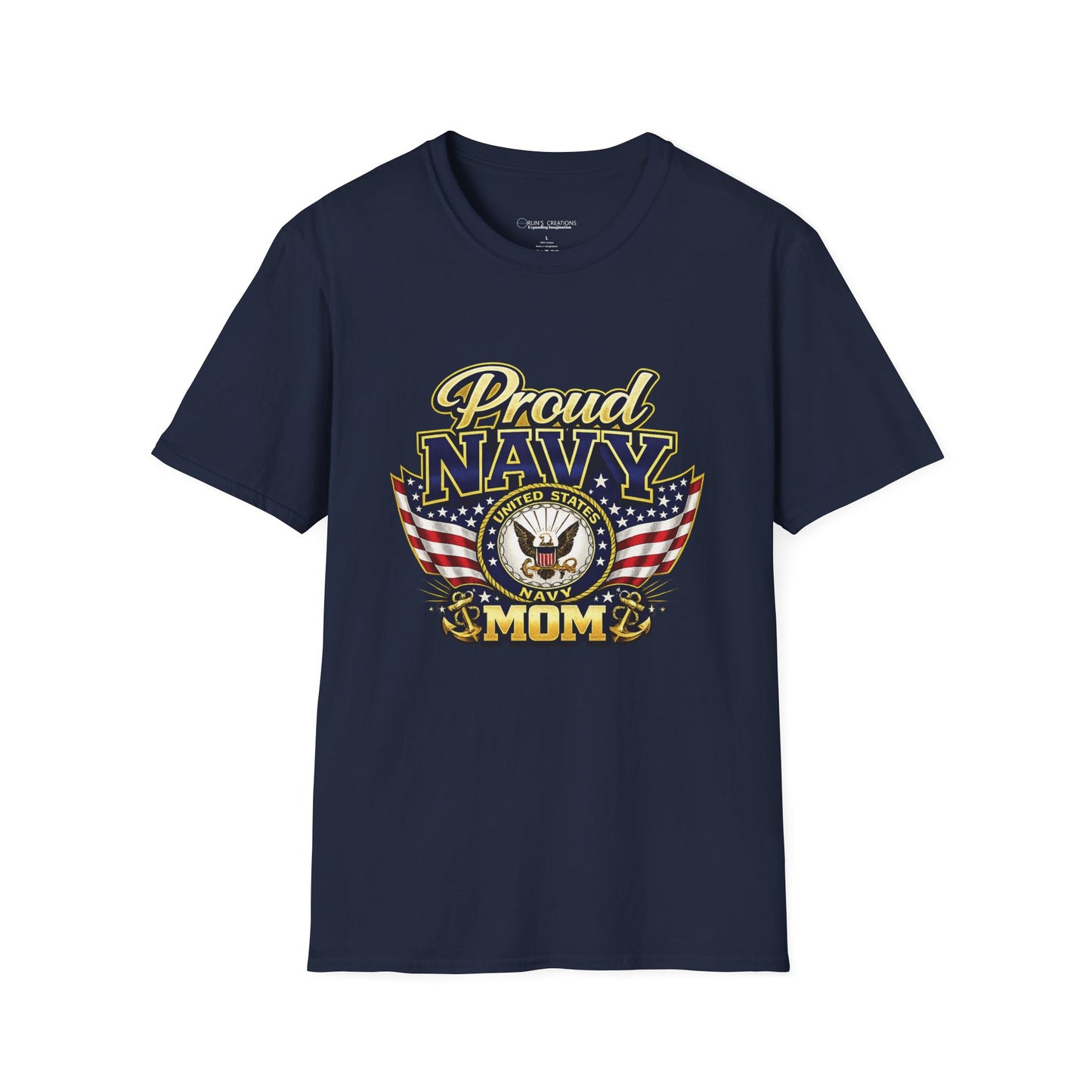 Proud Navy Mom T-Shirt — Navy Blue with U.S. Navy Emblem