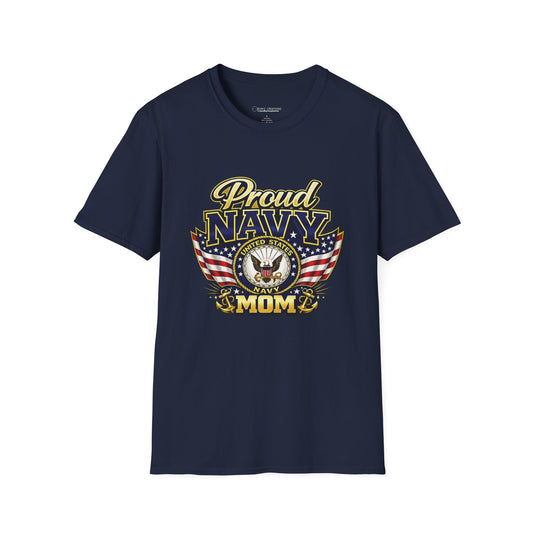 Proud Navy Mom T-Shirt — Navy Blue with U.S. Navy Emblem