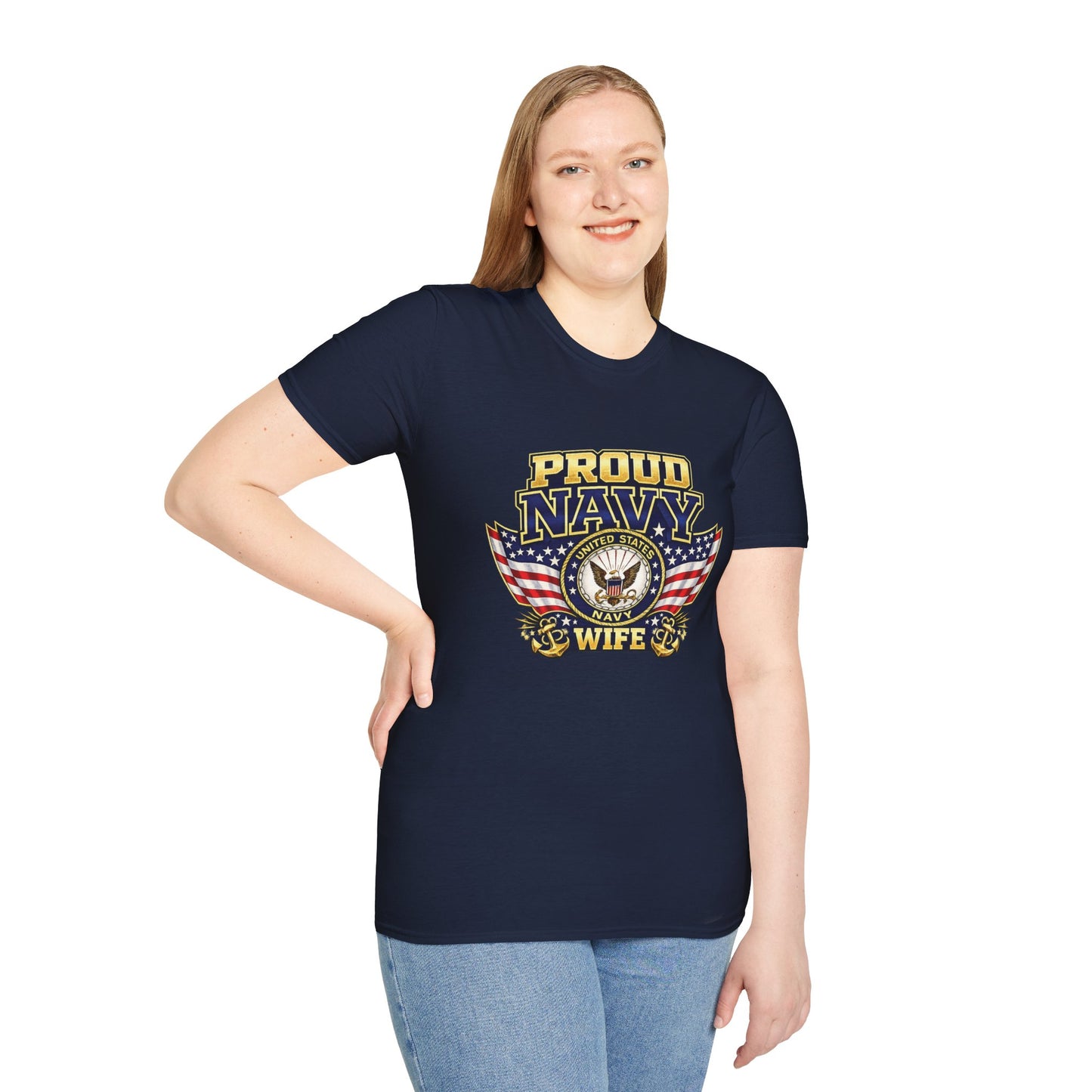 Proud Navy Wife T-Shirt — Navy Blue with U.S. Navy Emblem